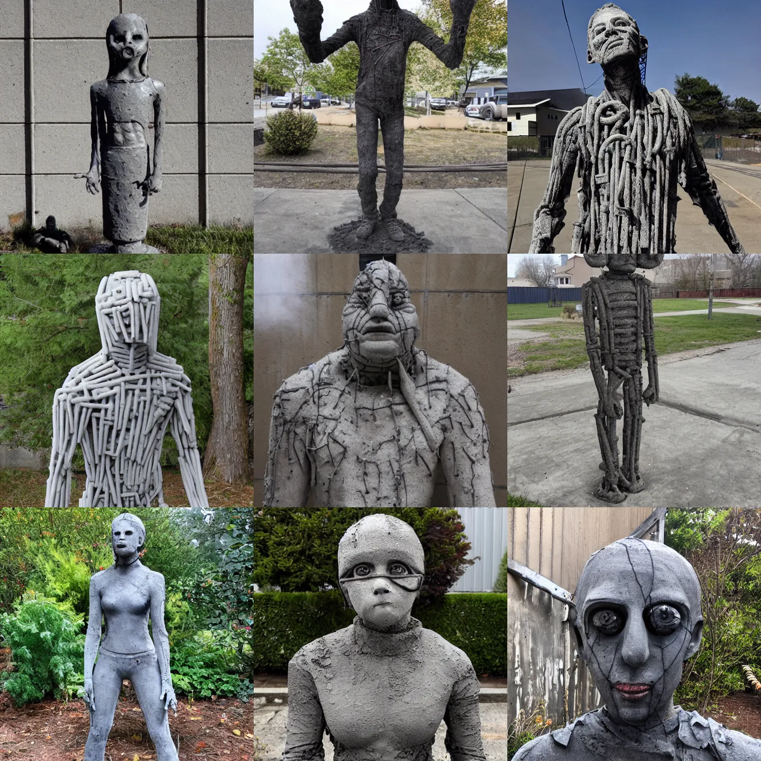 Prompt: a photograph of a creepy statue constructed from concrete and rebar with traces of Krylon brand spray paint