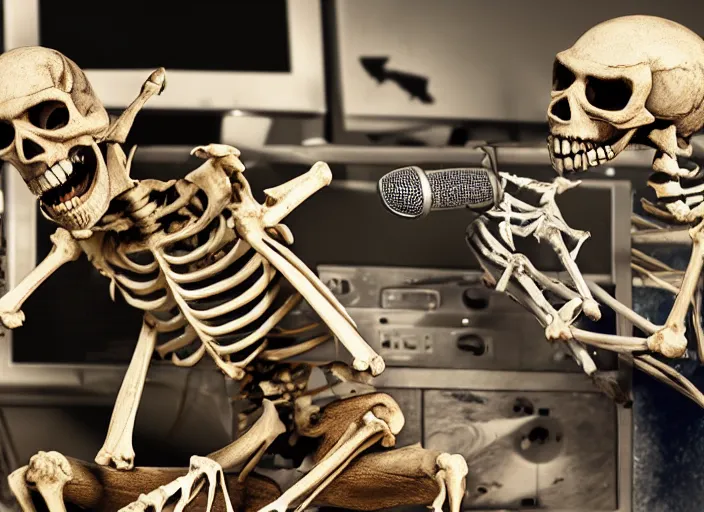 Prompt: an enraged cowboy skeleton man screaming into a microphone while kicking over piles of soda cans in a rundown radio station studio