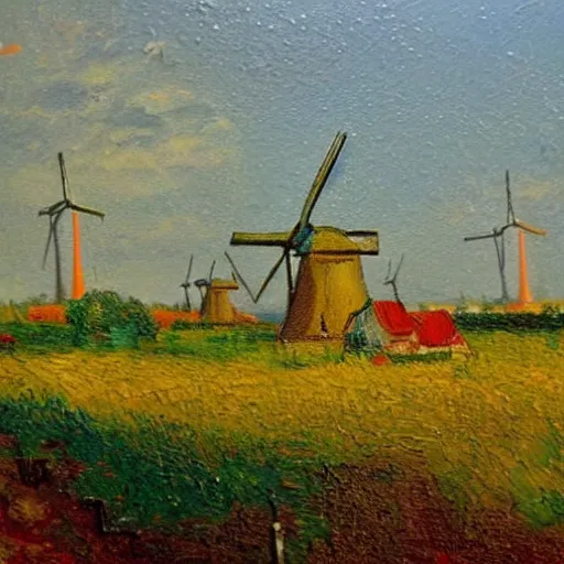 Prompt: A beautiful oil painting of a dutch landscape, there are windmills, the colors are vivid and bright, in the style of early van Gogh, rough pointillism