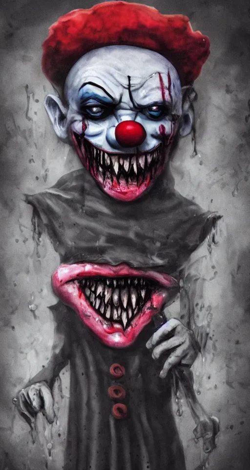 Image similar to water painting of a sad jester in a clown suit with a sad face reluctantly eating a human corpse, gothic, dark, gory, fear, 4 k, realistic, sad, surreal, volumetric lighting