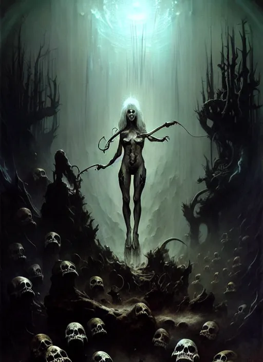 Image similar to shackled in styx river of the underworld, frank frank frazetta and cgsociety, stunning sasquatch, blood splatters, charlie bowater and tom bagshaw, insanely detailed, deviantart, space art, atoms surrounded by skulls, death, and spirits deep water, horror, sci - fi, surrealist painting, by peter mohrbacher