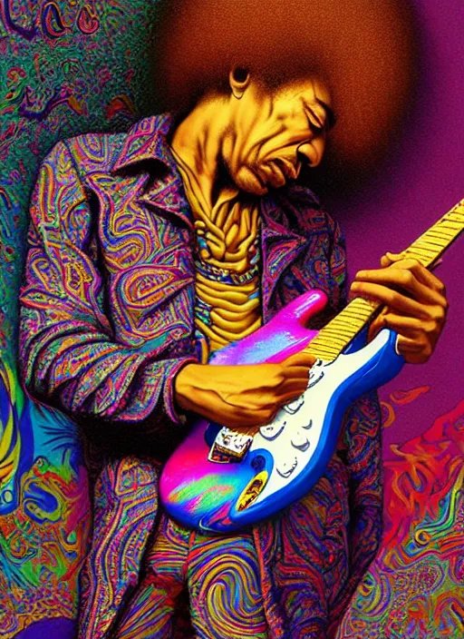 Image similar to hyper detailed 3d render like a Oil painting - Jimi Hendrix aerochrome and milky Fruit holding a left-handed white stratocaster guitar in his left hand, iridescent paisley patterns by Jacek Yerka, Ilya Kuvshinov, Mariusz Lewandowski, Houdini algorithmic generative render, Abstract brush strokes, Masterpiece, Edward Hopper and James Gilleard, Zdzislaw Beksinski, Mark Ryden, Wolfgang Lettl, hints of Yayoi Kasuma, octane render, 8k