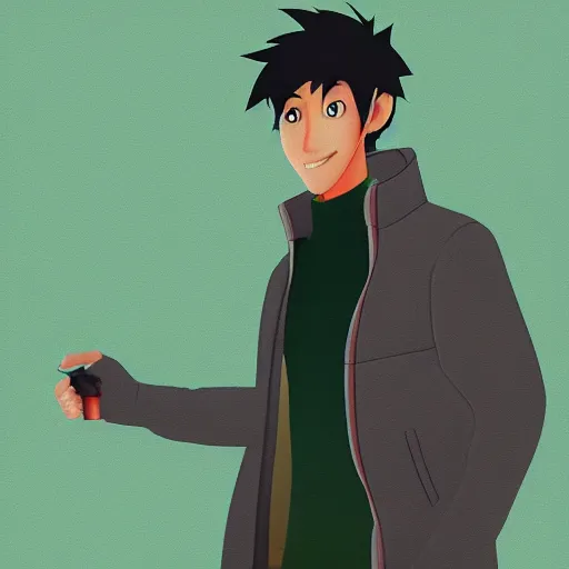 Image similar to tadashi from big hero 6 infront of a forest, profile picture, digital illustration