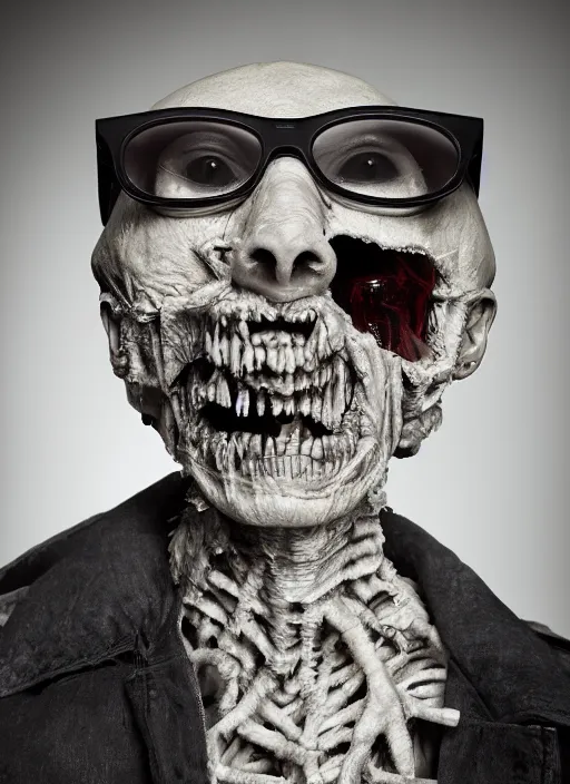 Prompt: 8 5 mm f 1. 8 photograph of a claymation zombie mummy wearing hipster glasses, highly detailed diorama, by erwin olaf and anton corbijn, smooth, sharp foccus, commercial photography, fashion shoot