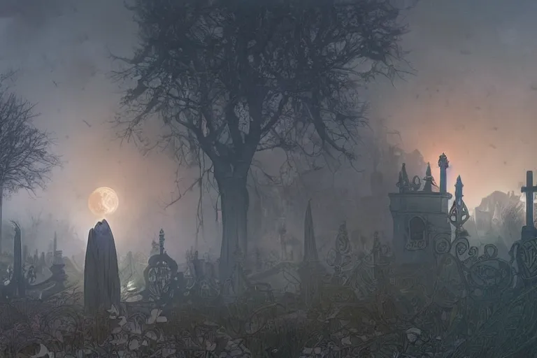 Image similar to an ultra detailed animation of a ghost in a graveyard at midnight on halloween, digital art, dark fantasy, concept art, soulslike, by alphonse mucha, blood moon eclipse, ruined building in the background, artstation, 8 k, unreal engine render