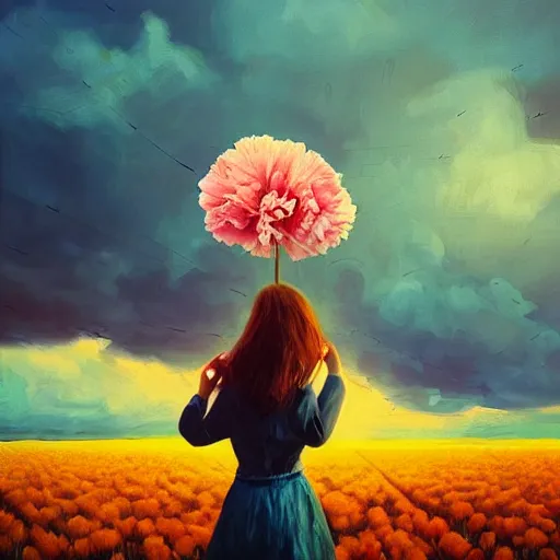 Image similar to girl with a giant carnation head, surreal photography, flower field, sunset dramatic light, impressionist painting, colorful clouds, blue sky, digital painting, artstation, simon stalenhag