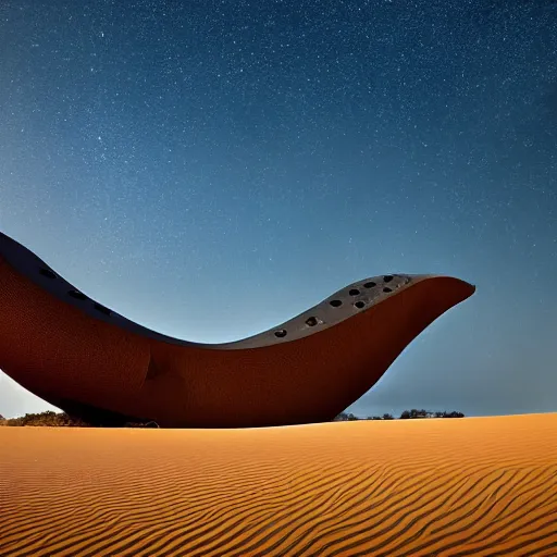 Prompt: architectural photograph by iwan baan of a playful building in the shape of a monitor lizard in the middle of the desert, designed by future systems