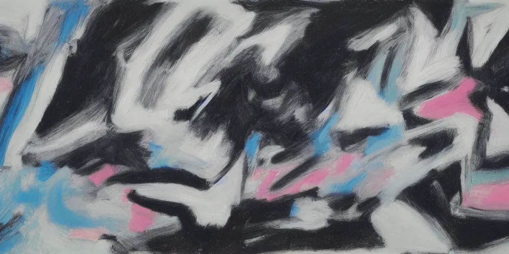 Image similar to black white painting by de kooning on white canvas, soft blue and pink tints, thin black lines, detailed martha jungwirth drawing sketch, painted by yves tanguy, informal, oil on canvas, thick impasto