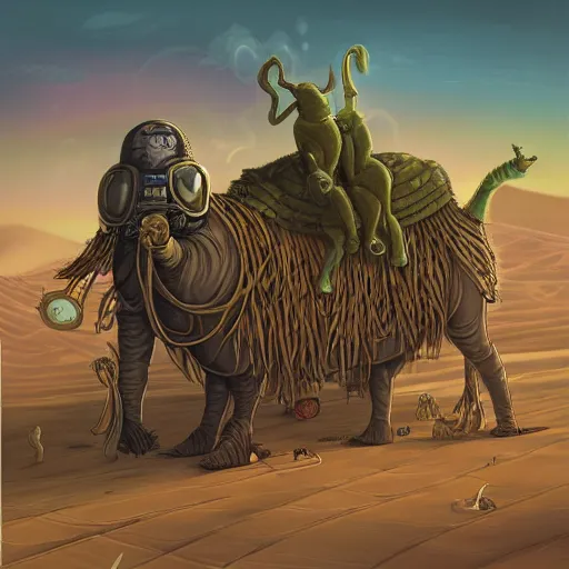 Image similar to several stoner merchants in robes with integrated bong gas mask appliances, trucking bales of herbs across an alien desert with camel-like creatures in tow. Album art by Arik Roper