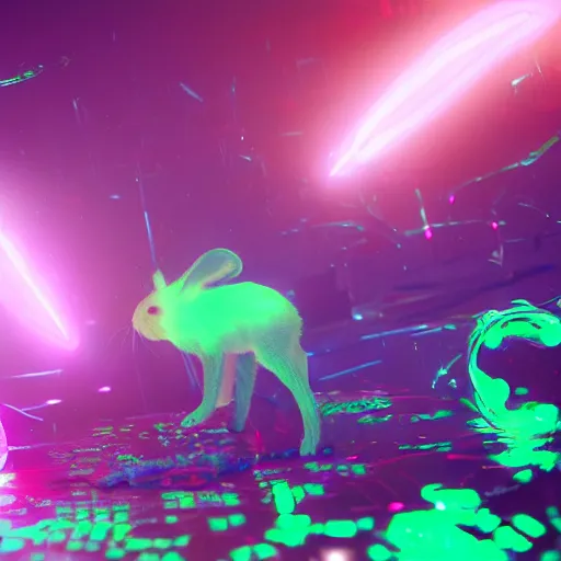 Image similar to neon fluorescent, iridescent cute bunny rabbits with fairy wings cyperpunk 2 0 7 7, unreal engine 5, 8 k ultra realistic, hyperdetailed, volumetric lighting, extremely high quality