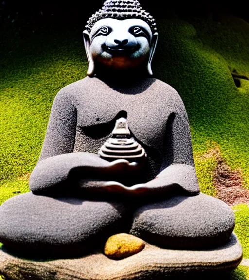 Image similar to a photograph of a sloth buddha meditating in a zen rock garden, nature photography, sharp focus, long focal length