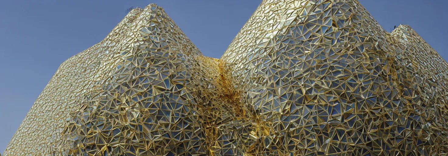 Prompt: building made of gold and glass by zaha hadid