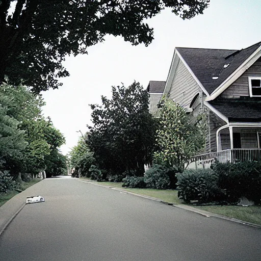 Image similar to a photograph of a suburban street during summer, 2 0 0 6, taken with a disposable camera