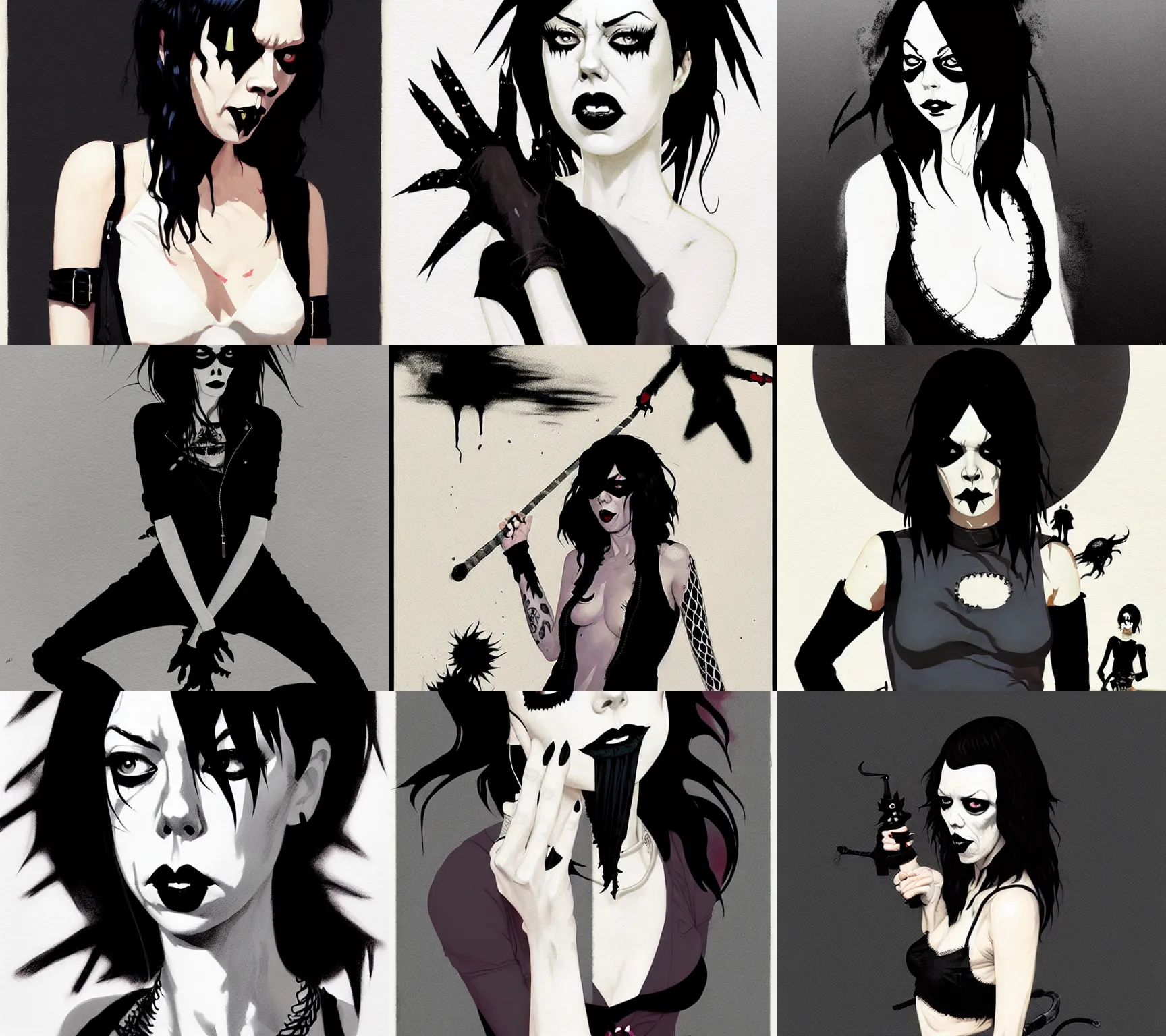 Prompt: aubrey plaza as a death from sandman, goth, black lace, by atey ghailan, by greg rutkowski, by greg tocchini, by james gilleard, by joe fenton, by kaethe butcher, by ive freya, by ashley wood, dynamic lighting, gradient grey, black, blonde cream and white color scheme, 9 0 s aesthetic