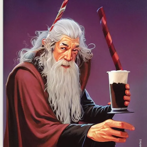 Image similar to comic book cover for'gandalf drinking a milkshake ', art by alex ross