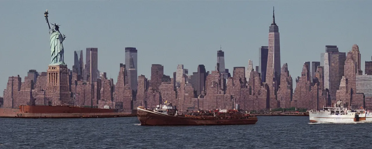 Image similar to a ship transporting spaghetti in new york's hudson river, the statute of liberty in the background, canon 8 0 mm, photography, film, kodachrome