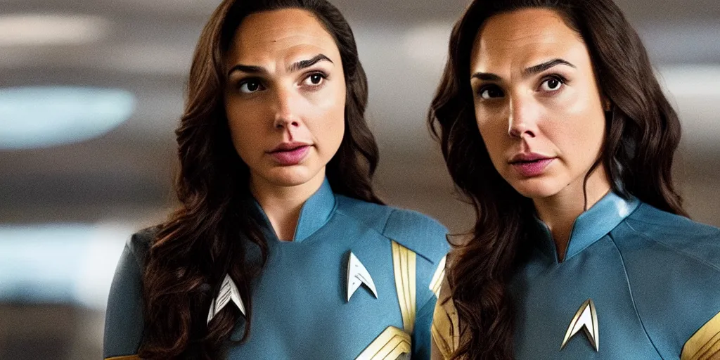 Image similar to Gal Gadot, in full starfleet uniform, is the captain of the starship Enterprise in the new Star Trek movie