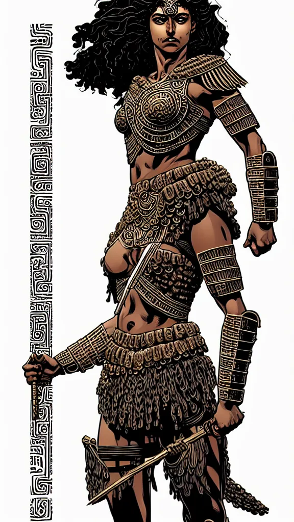 Image similar to greek amazon female warrior, a tall beautiful woman with brown skin and long curly dark hair, dressed in hellenistic body armour, intricate, elegant, highly detailed, smooth, sharp focus, detailed face, high contrast, graphic novel, art by laurie greasley