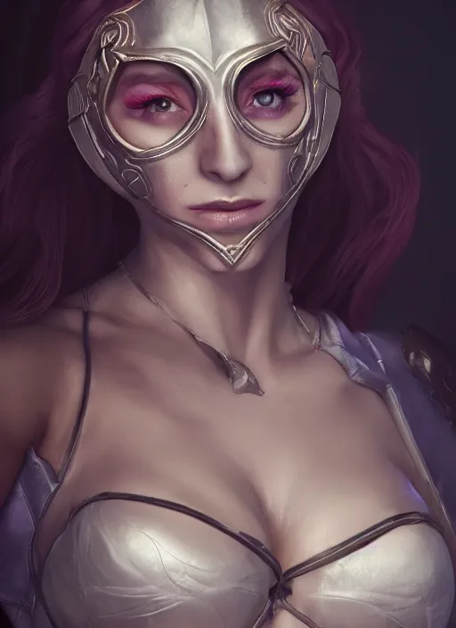 Prompt: renata glasc, from league of legends, alchemist, wearing a mask, au naturel, bralette, hyper detailed, digital art, trending in artstation, cinematic lighting, studio quality, smooth render, unreal engine 5 rendered, octane rendered, art style by klimt and nixeu and ian sprigger and wlop and krenz cushart