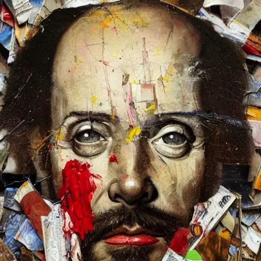 Image similar to hyperrealistic, photorealistic, mixed media oil painting of william shakespeare, magazine scraps, plaster, blood, oil, mustard, cigarettes, splatter, trending on artstation, award - winning painting, greg rutkowski, basquiat, ralph steadman, terry gilliam