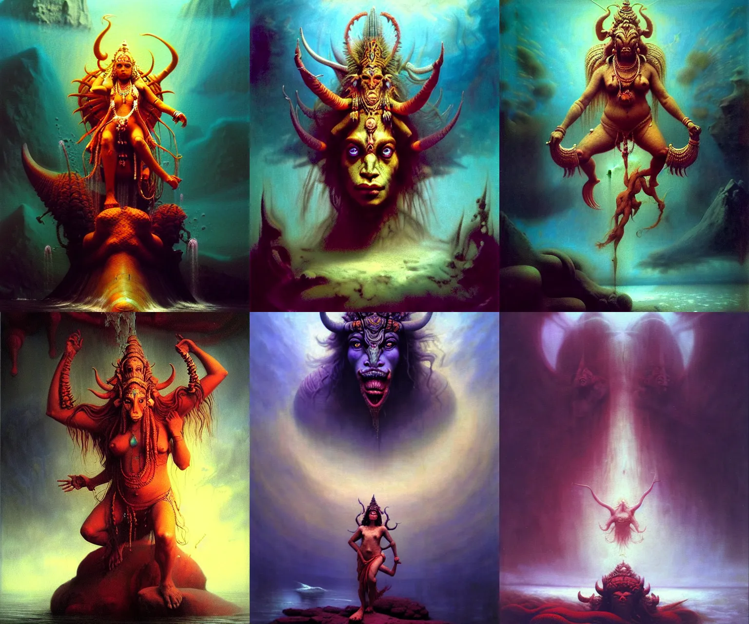 Prompt: A cinematic underwater portrait of the majestic mystical colossal Indian Hindu Demon Satan goddess, by Rembrandt van Rijn, by Wayne Barlowe, by Paul Lehr, by Bruce Pennington, by Zdzisław Beksiński, oil on canvas, masterpiece, trending on artstation, featured on pixiv, cinematic composition, astrophotography, dramatic pose, beautiful lighting, sharp, details, details, hyper-detailed, no frames, 8K