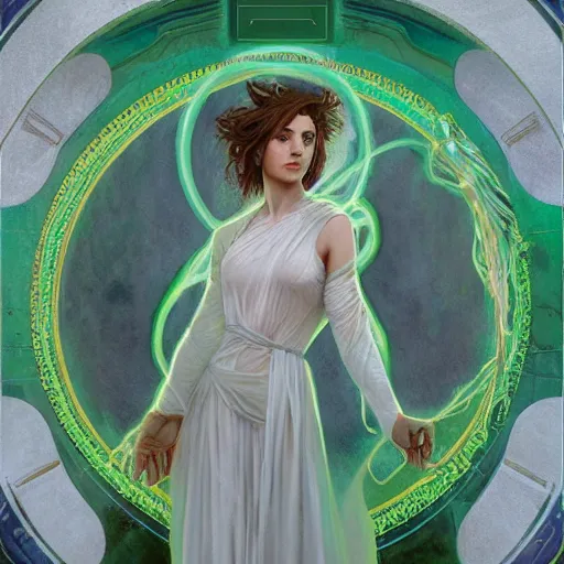 Image similar to epic masterpiece full body portrait of the Oracle at Delphi, female, gauze dress, inhaling the green fumes, highly detailed, digital painting, artstation, concept art, sharp focus, illustration, art by artgerm and greg rutkowski and alphonse mucha