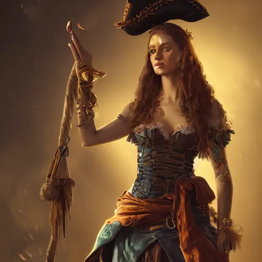 Image similar to detailed full body concept oil painting of a female pirate in beautifully designed clothing, cinematic lighting, hyperdetailed, cgsociety, 8k, high resolution, insanely detailed and intricate, octane render, golden ratio, vfx, postprocessing, freckles, alluring