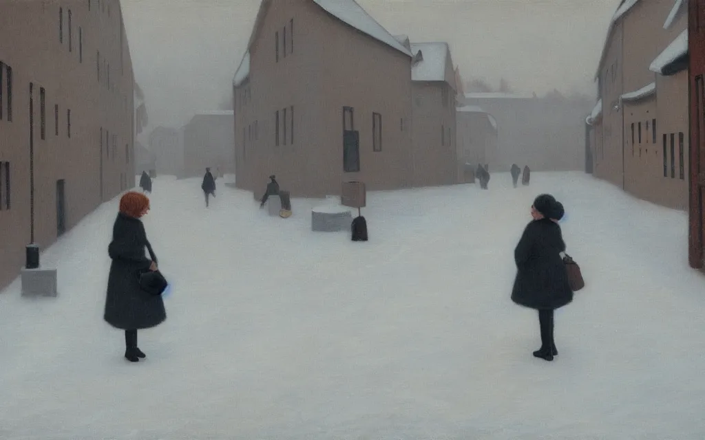 Image similar to a painting of sad little redhead lady in a winter street in norway, oil on canvas, by hammershoi