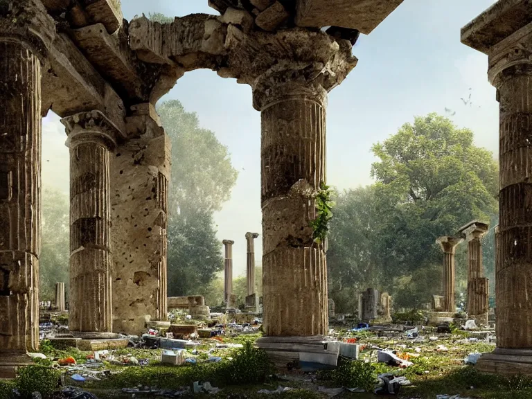 Image similar to a tree growing in ancient greek ruins, gray wasteland, many scrap cars, trash, rubble, overgrown, pillars and arches, flowers, vines, hyperrealistic, highly detailed, cinematic, ray of golden sunlight shining on the tree, beautiful, cgssociety, artstation, 8 k, oil painting by greg rutkowski, by artgerm, by wlop