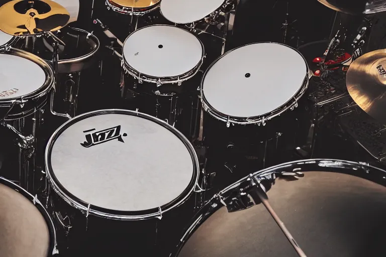 Image similar to photo of a jazz drum kit, vintage cymbals, 8k