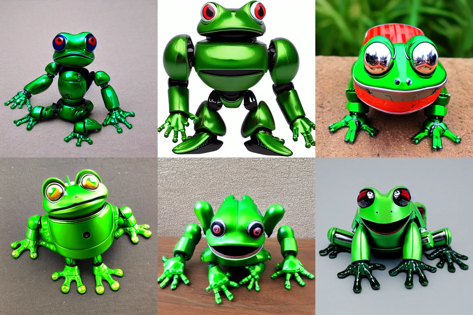 Prompt: cute green chogokin robot frog toy, die - cast metal, plastic, chrome