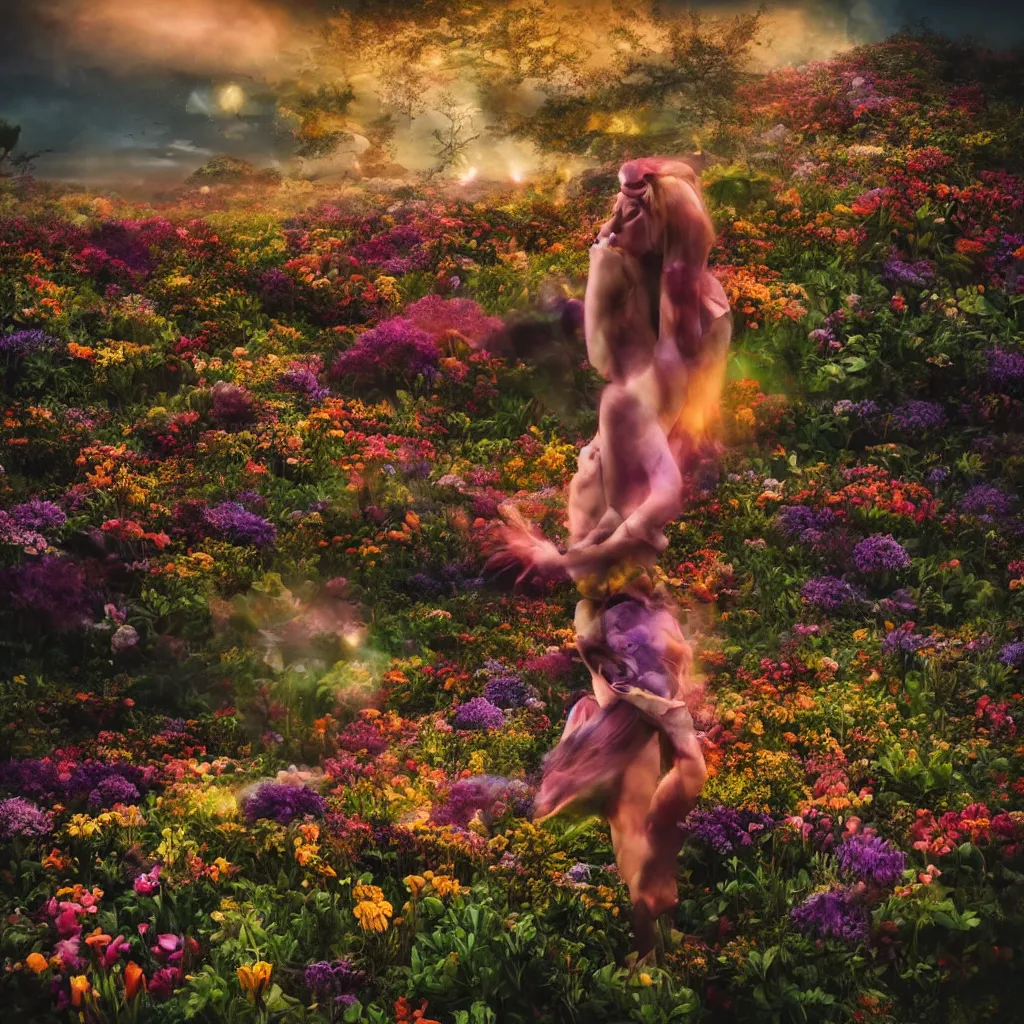 Image similar to a planet of various flowers, fungus and plants, in which the human figure is dressed in something magical and impressive, inside the picture is infinity, sunset light, Atmospheric phenomenon, artistic photography, muted colors, conceptual, long exposure outside the city