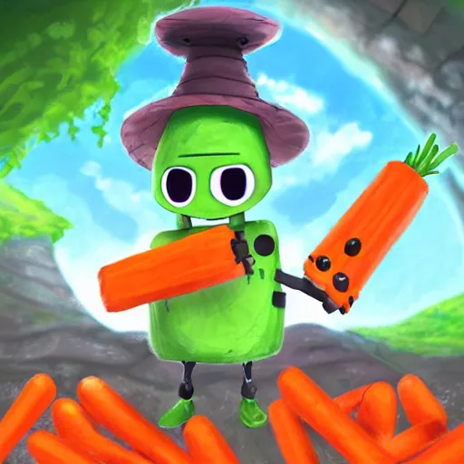 Image similar to little happy robot with big avocado hat and a carrot sword, made in abyss style, detailed background