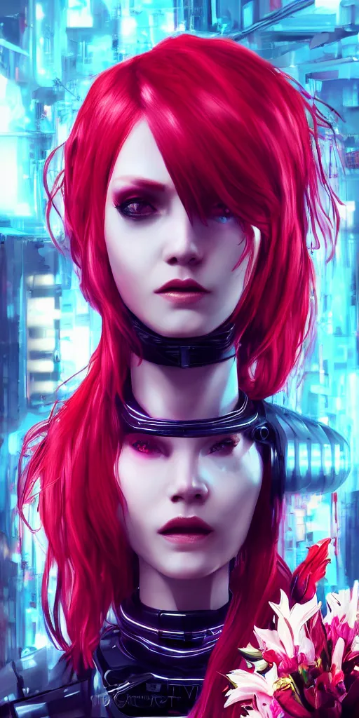 Image similar to Robot girl with red hair Cyber punk 2077, a very beautiful portrait, Devil May Cry game style, woman wrapped in lily flowers, photorealism