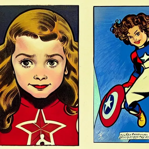 Image similar to a little girl with a mischievous face and light brown curly wavy hair. she is dressed as captain america, spider - man, batman, captain marvel, a superhero. well composed, clean elegant painting, beautiful detailed face. by steve ditko and jack kirby and alphonse mucha