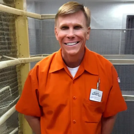 Prompt: pastor kent hovind in orange prison uniform, smiling, still from orange is the new black