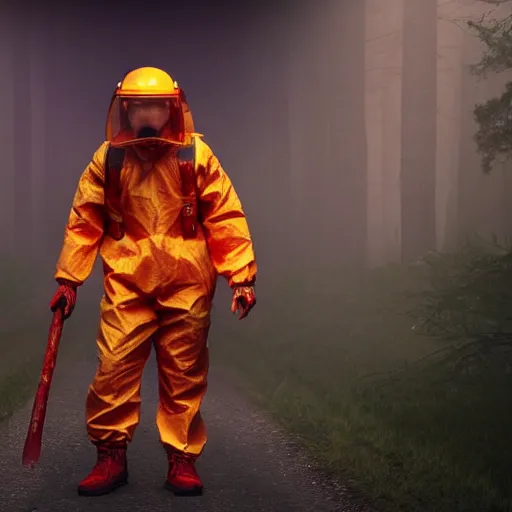 Prompt: still from stranger things, low angle skewed shot of a man in a bloody hazmat suit, big shovel, blood, horror, award winning photo, high detail, atmospheric, 8k