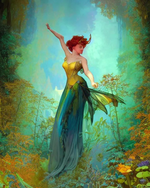 Prompt: a beautiful fairy in a morning dreamland, full body, coherent design, symmetrical, vivid color, complementary color, golden ratio, detailed, sharp lines, intricate, rainbowshift, by james gurney, by peter mohrbacher, by alphonse mucha, by maxfield parrish, by karol bak, waterhouse, octane render