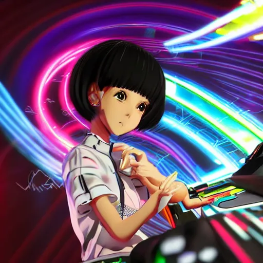 Image similar to Manga cover portrait of an extremely cute and adorable beautiful afrofuturism ASMR anime girl with mesmerizing piercing eyes and a black bobcut hairstyle playing Dance Dance Revolution, with a flashy modern background with black stripes, 3d render diorama by Hayao Miyazaki, official Studio Ghibli still, color graflex macro photograph, Pixiv