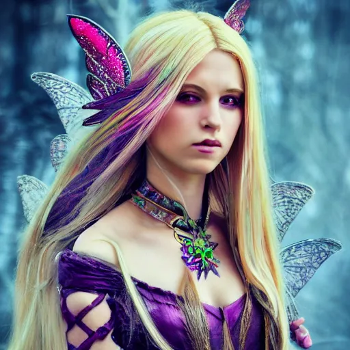 Prompt: a beautiful female human warlock portrait, focus on face, sharply focussed, brightly colored, dress, long blonde hair, fairy, fae, fantasy, medieval, still, photograph, highly detailed, trending on artstation