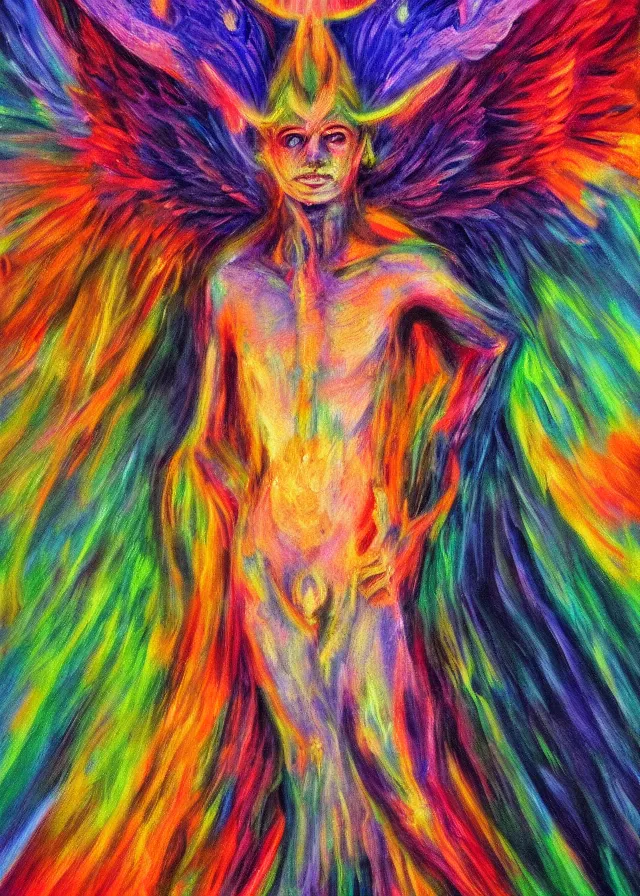 Prompt: Lucifer of the lunar mythos mercurial (surreal) angel mist, award winning oil painting, chromatic aberration polychromatic color palette radiant colors