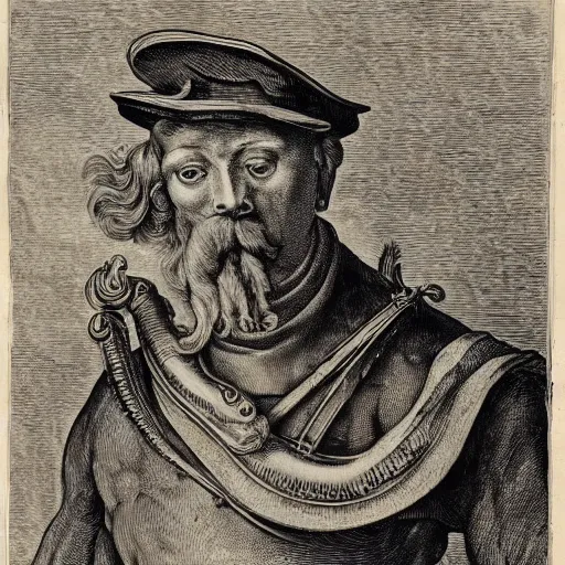 Image similar to A British colonial soldier with an octopus head in the style of Albrecht Dürer, engraving, ink, black and white, 17th century