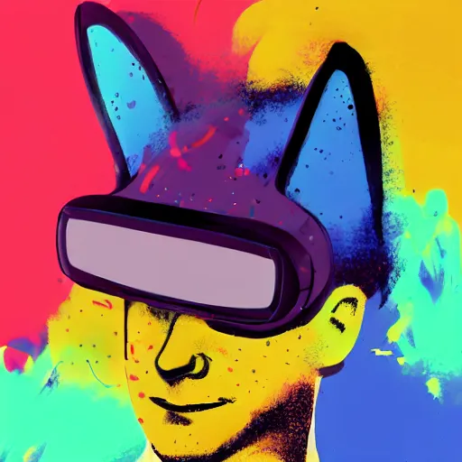 Prompt: illustration of cyberpunk fox in vr helmet, colorful splatters, by andy warhol and by zac retz and by kezie demessance