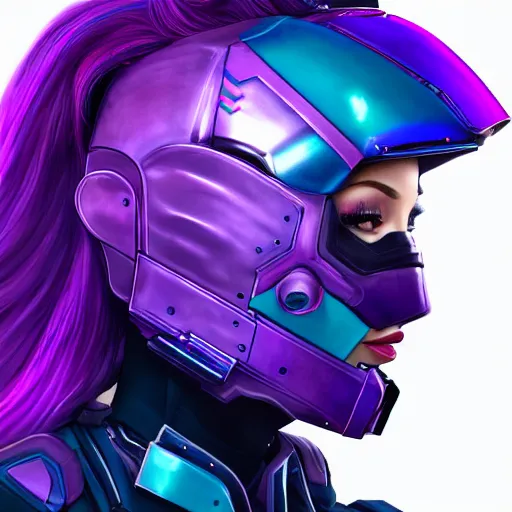 Image similar to a stunning upper body portrait of a beautiful young woman wearing futuristic navy blue and teal battle bodyarmor and pauldrons and ombre purple and pink hairstyle with hair blowing in the wind, by marvel comics, outrun, vaporware, neon, highly detailed, fine detail, intricate, digital art, trending on artstation