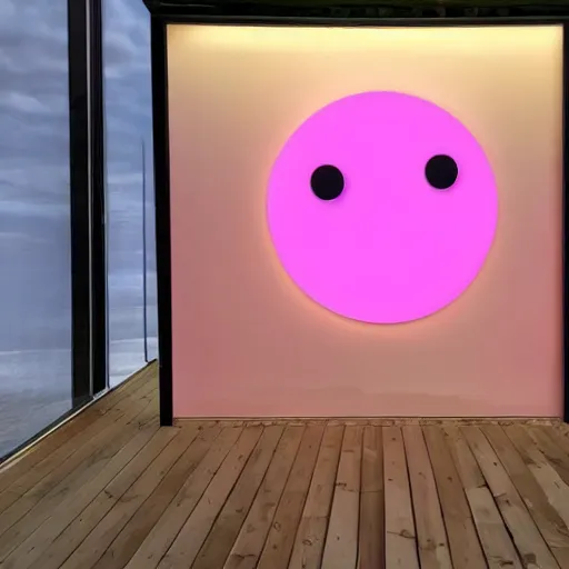 Prompt: An ultra high definition, professional photograph of an outdoor partial IKEA showroom inspired sculpture with a emoji smiley face white dot matrix light sign located on a pastel pink beach ((with pastel pink, dimpled sand where every item is pastel pink. )) The sun can be seen rising through a window in the showroom. The showroom unit is outdoors and the floor is made of dimpled sand. The showroom unit takes up 20% of the frame and is surrounded by barren beach environment. A square dot matrix sign displays an emoji somewhere in the scene. Morning time indirect lighting with on location production lighting on the showroom. In the style of wallpaper magazine, Wes Anderson.