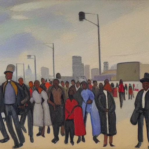 Image similar to painting of south african commuters heading to the central business district of johannesburg, painted by laurence stephen lowry, oil on canvas, national gallery