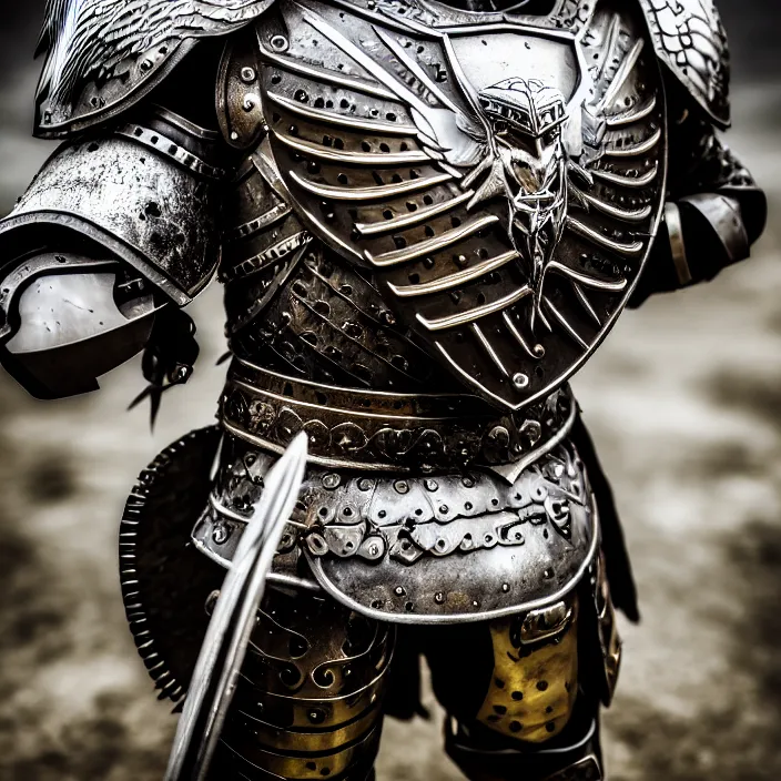 Image similar to photo of a warrior with metal eagle themed armour, highly detailed, 4 k, hdr, smooth, sharp focus, high resolution, award - winning photo