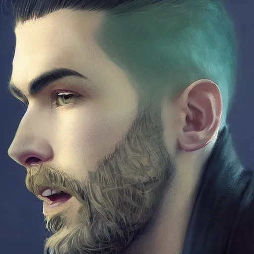 Image similar to a beautiful award winning commission portrait of a young man with white undercut hair,and a stylish beard,green eyes.digital art,art by greg rutkowski,character design by charles bowater,ross tran,photorealistic,highly detailed,detailed face,4k,dramatic,deviantart,artstation