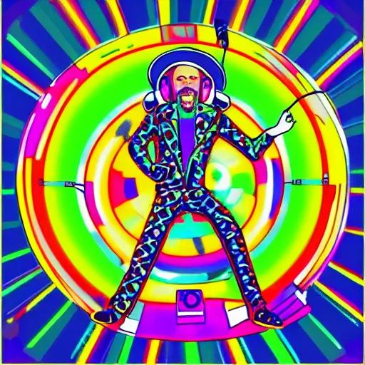 Image similar to svg sticker of a Dancing-Alex-Grey-Psychedelic-Rave-Man, at a rave, spinning records, giant headphones rocking out, wearing headphones, huge speakers, dancing, rave, DJ, spinning records, digital art, amazing composition, rule-of-thirds, award-winning, trending on artstation, featured on deviantart