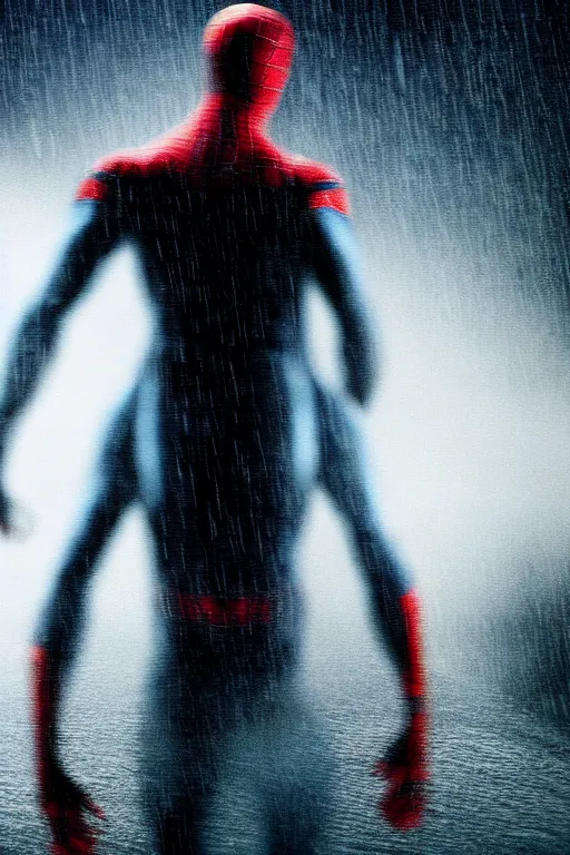 Image similar to cinematic of liam neeson as spiderman, dramatic rain, 8 k, moody lighting